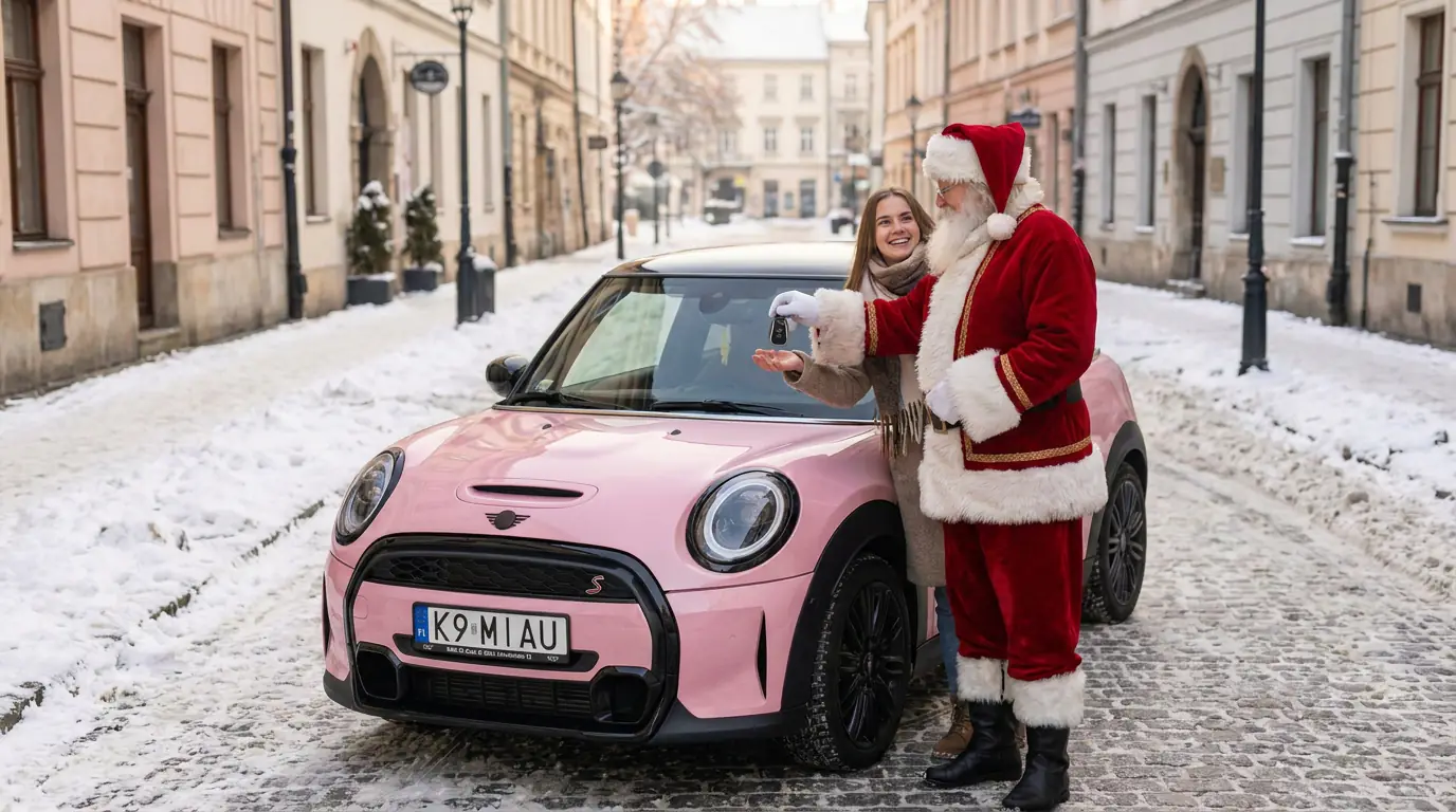 Grafika AI: Mikołaj wręcza kluczyk do różowego MINI